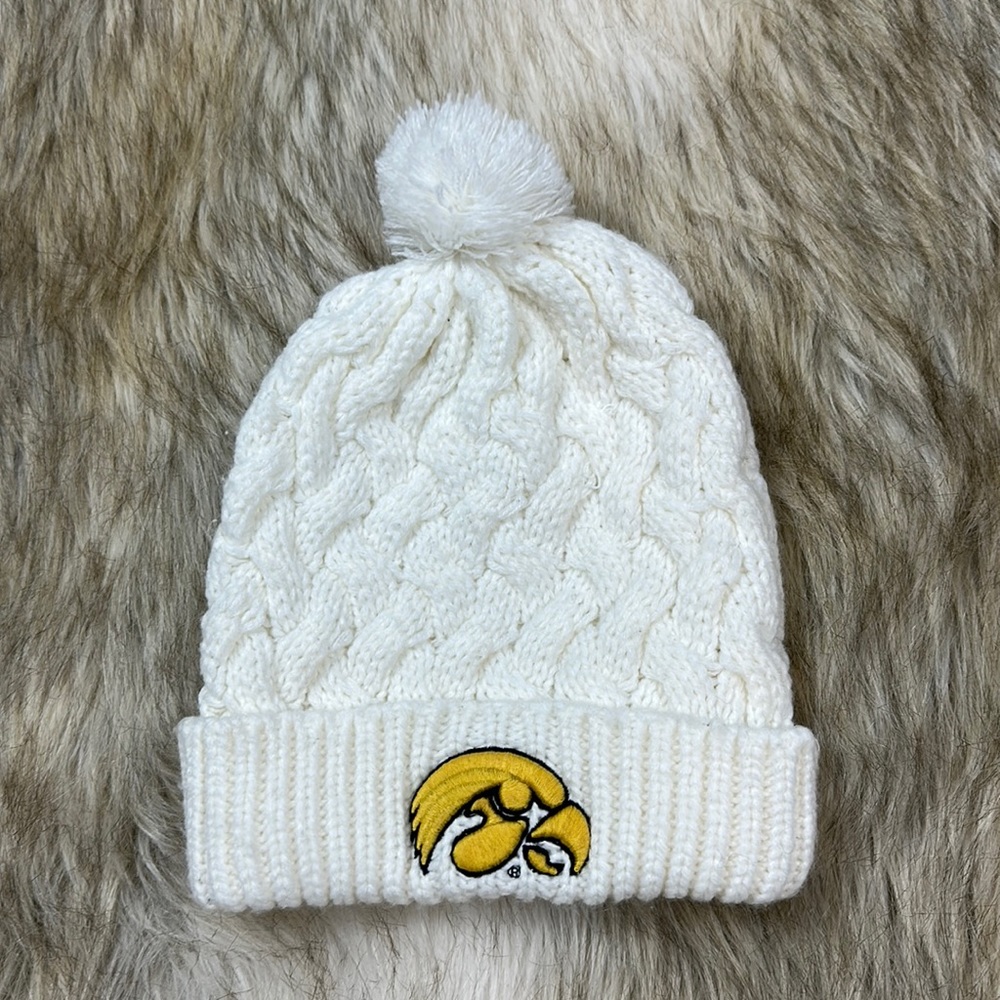 Iowa Hawkeye Pom Pom White Beanie Cap